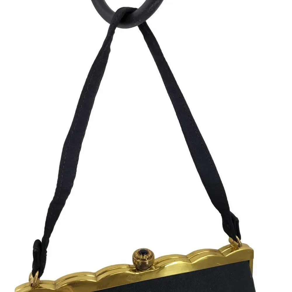 Vintage 60s Formal Evening Bag Black Gold Scalloped Trim Push Lock Clasp USA‎